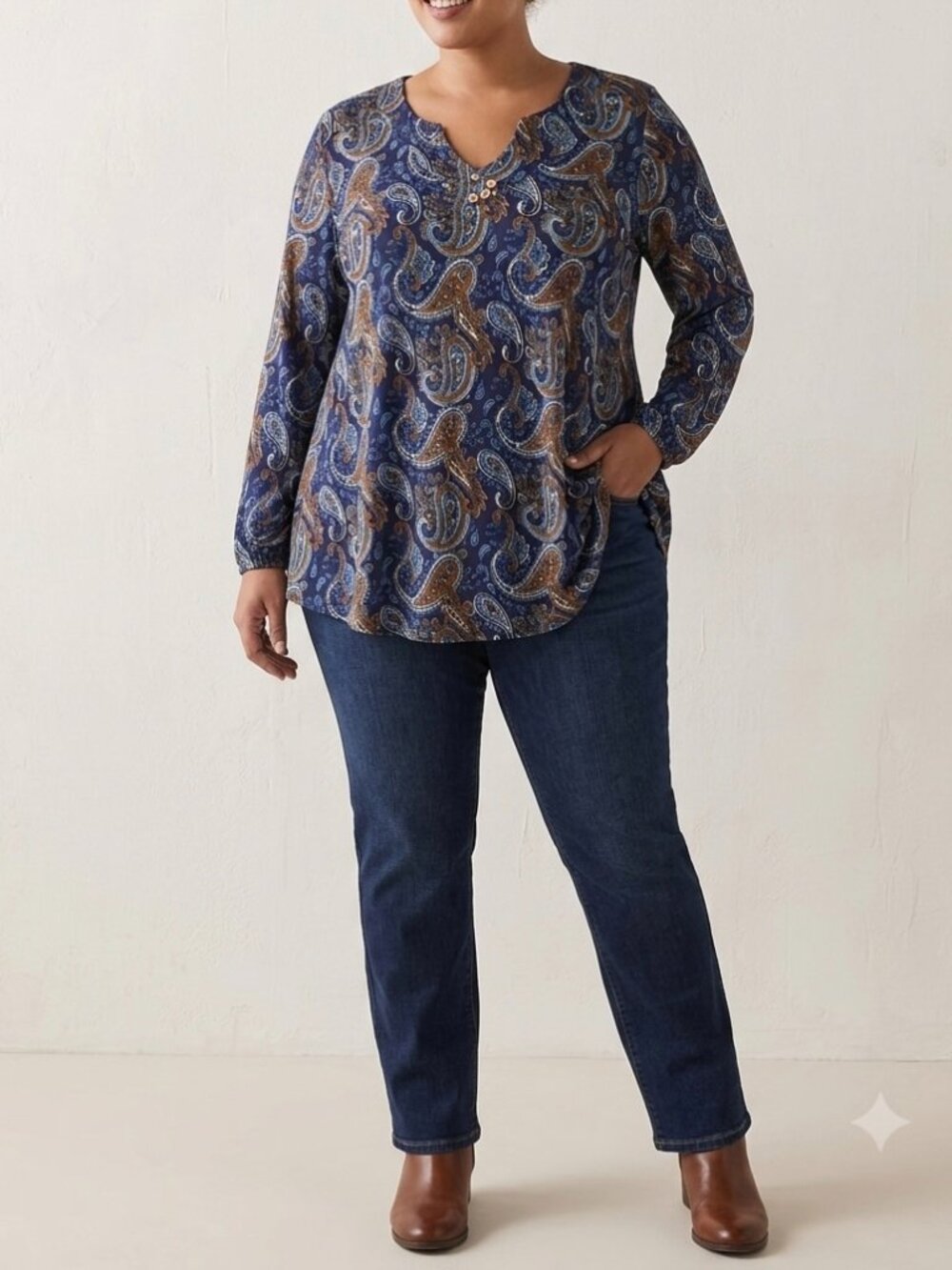 NWT Folunsi Paisley Blue Print Long Sleeve Tunic Top Size 2X Boho CasualChic